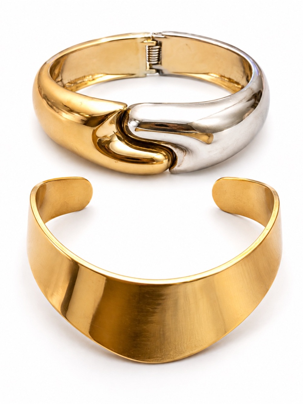 Vintage Mixed Metal Hinged Bangle & Wide Gold Tone Cuff Bracelet Set